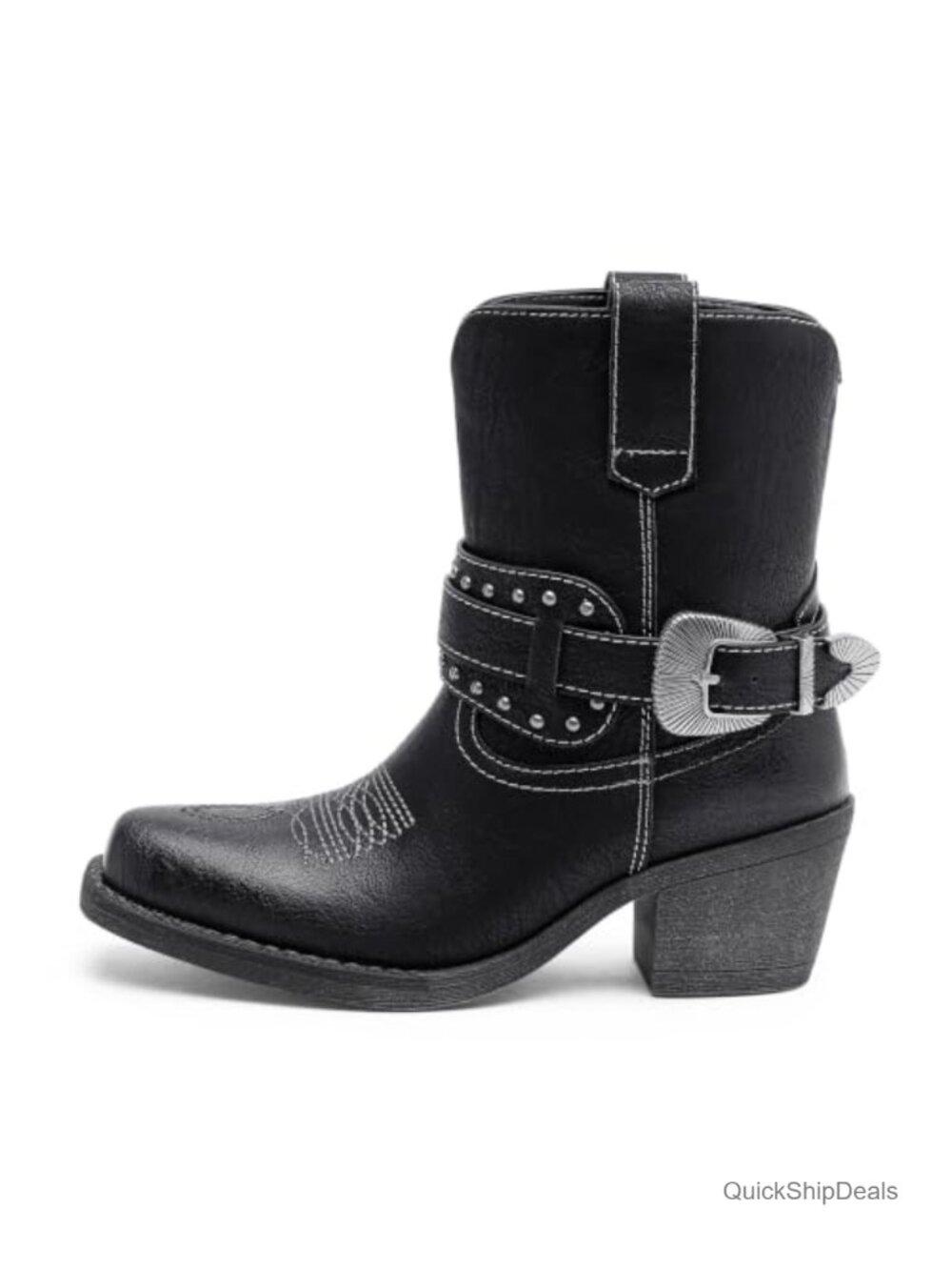 Western Ankle Boots Faux Leather Chunky Block Heel Square Toe Booties